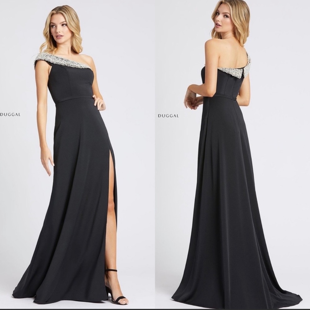 New leena Mac Duggal 26247i One Shoulder Pearl Slit Maxi
Dress Gown